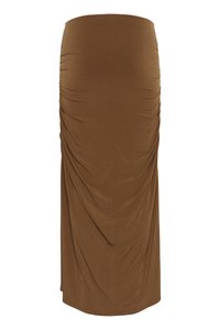 Brown, fitted midi skirt made of soft fabric, featuring ruching along the sides for added texture and a smooth, streamlined design.