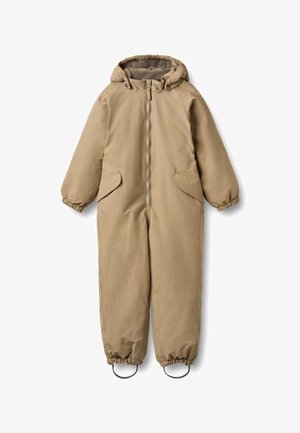 Beige éénstuksoverall met ritssluiting aan de voorkant, elastische manchetten, een capuchon en twee zijzakken. Gladde stof met een zachte, warme voering.