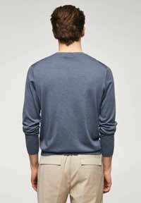 Mann mit einem langärmligen blauen Pullover und beigen Hose, der mit dem Rücken zu einer schlichten hellen Hintergrund steht.