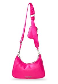 Borsa a spalla rosa con finitura lucida, forma curvata, tracolla rimovibile e tasca con cerniera esterna piccola. Logo visibile sulla parte anteriore.