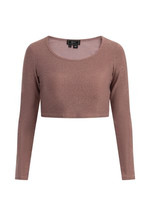 Langærmet, cropped top i et skinnende, støvet rosenfarvet stof med bred rundt halsudskæring og tætsiddende silhuet.