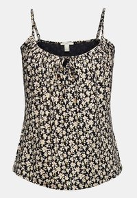 Caraco noir à fleurs avec fines bretelles, doté d'un encolure froncée, tissu léger, et petites fleurs blanches avec des accents rouges.