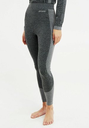 Graue Leggins mit hohem Bund, strukturiertem Stoff und kontrastierenden Paneeldetails. Der Bund trägt das Logo "protest."