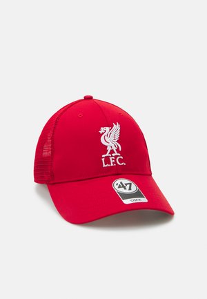 Red adjustable cap made of fabric with a mesh back. Features an embroidered white Liverpool FC logo on the front and a tag attached.