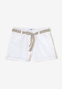 Shorts en coton blancs avec une taille beige à motif, dotés d'une fermeture à cordon et de ourlets retroussés. Deux poches latérales incluses.