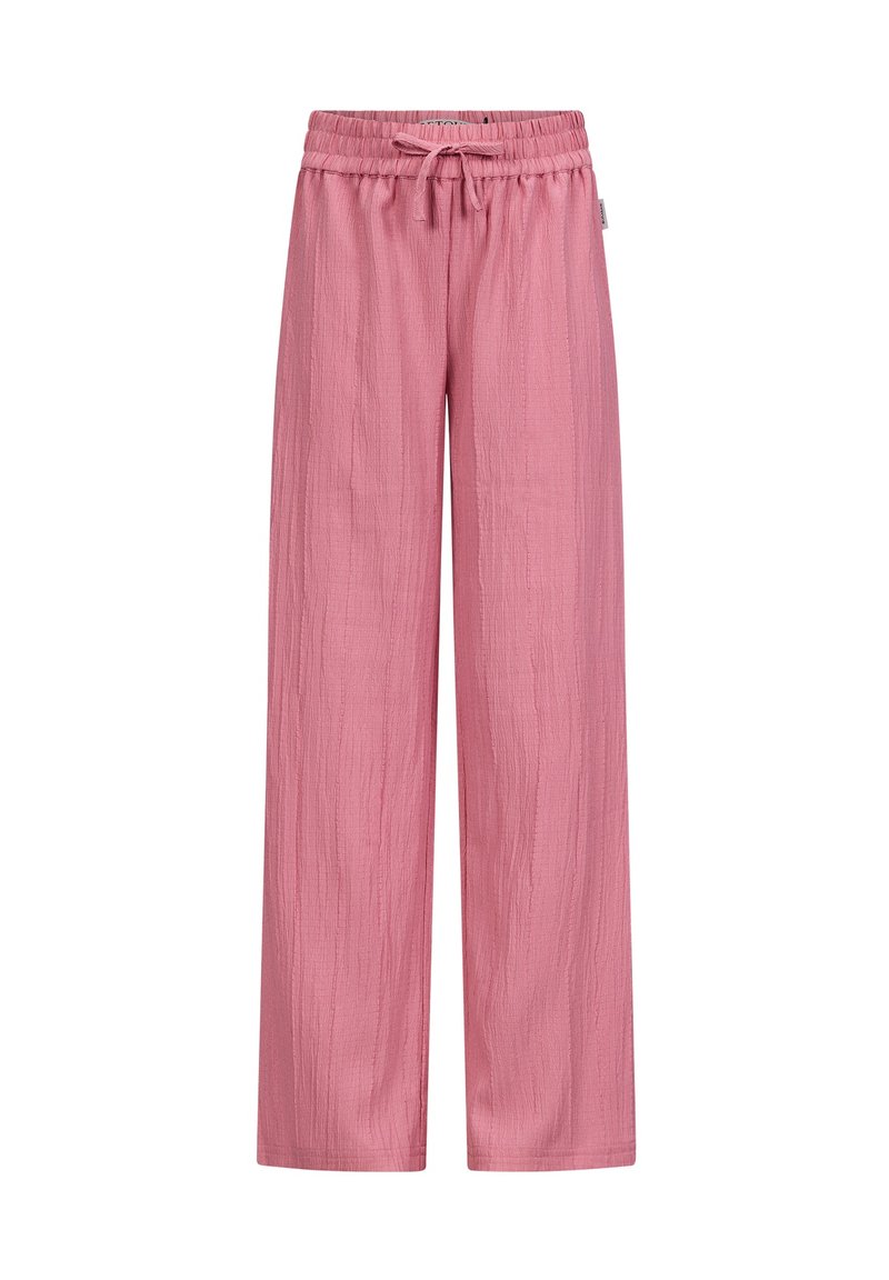 Roze wijde broek gemaakt van textiel met een elastische tailleband en een trekkoord voor een verstelbare pasvorm.
