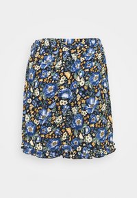 Shorts à fleurs sur fond noir avec des fleurs bleues et jaunes. Taille élastique et détail de ourlet à volants en bas. Matière en coton.