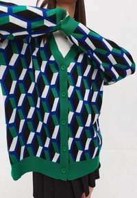 Kvinna som bär en grön, blå, svart och vit geometrisk mönstrad knapp-up kavaj över en vit topp och svart kjol.
