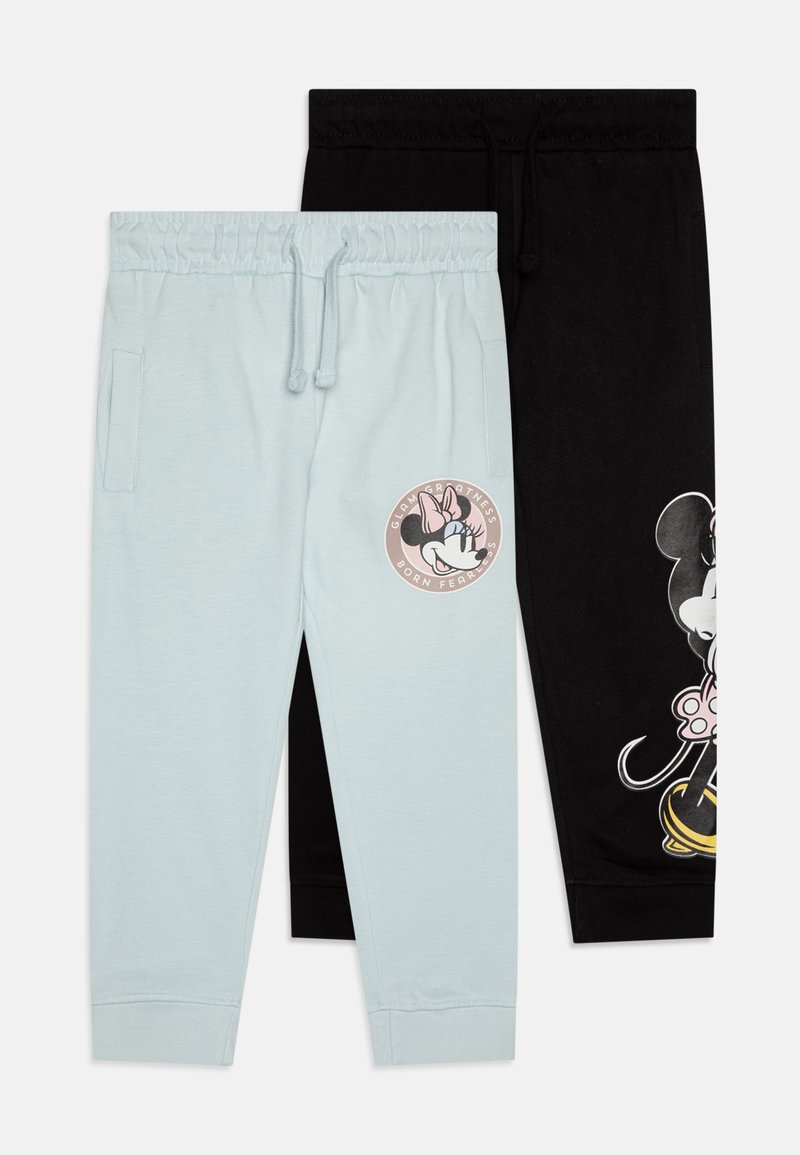Two pairs of jogger pants: one light blue with a Minnie Mouse graphic and text, the other black with a Minnie Mouse design. Both have elastic waistbands.