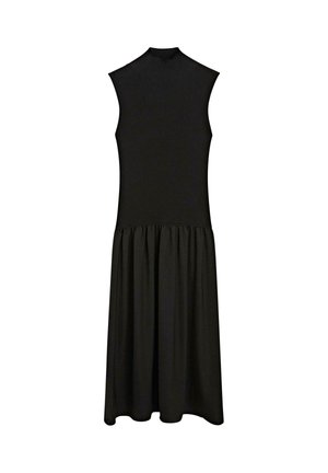 Mouwloze zwarte jurk met nauwsluitend geribd lijfje, nepcol en een geplooide rok die tot halverwege de kuit valt.