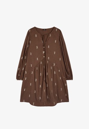 Brązowa sukienka z długimi rękawami, ozdobiona białym haftem kwiatowym, z okrągłym dekoltem, zapinana na guziki i z detalami w postaci marszczeń w spódnicy.