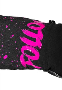 Schwarzer Stoffhandschuh mit glatter Oberfläche, verziert mit lebhaften pinken Spritzmustern und fettem, stilisiertem Text, der in der gleichen pinken Farbe gedruckt ist.