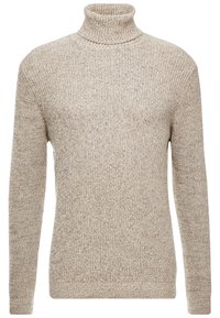 Beige gestrickter Pullover mit hohem Kragen, langen Ärmeln und einem strukturierten Muster. Der Stoff wirkt weich und leicht.