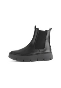 Bottines Chelsea en cuir noir avec des panneaux latéraux élastiques, un bout arrondi et une semelle en caoutchouc épaisse et texturée.