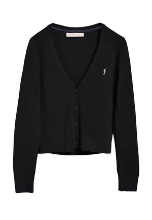 Black v-neck cardigan made of knit material, featuring button closures and a small logo embroidered on the left side. Fitted design.