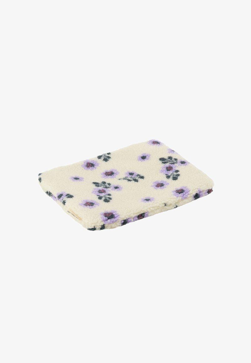 Fleece blanket with a cream background, featuring purple and dark green floral patterns, soft texture, and a rectangular shape.