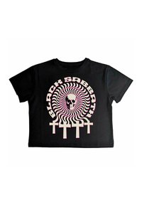 Black cotton T-shirt with a circular graphic featuring a skull and swirling lines in white and pink, with three crosses below.
