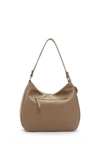 Sac à épaule en cuir beige de forme incurvée. Il dispose d'une poche zippée à l'avant, d'une texture lisse et d'une bandoulière ajustable. Design simple.