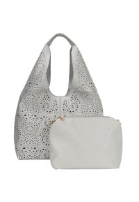 Hobo tas en kleine ritsportemonnee, beide in lichtgrijs geperforeerd leer, met ingewikkelde uitgesneden ontwerpen en accenten van goudkleurig metaal.