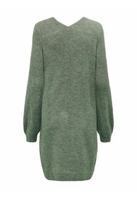 Grön stickad klänning, V-ringad rygg, långa puffärmar, texturerad tyg, avslappnad passform, ribbad nederkant och manschetter.