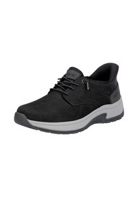 Sneaker in suede nera con suola in gomma, caratterizzata da dettagli grigi, punta tonda, chiusura con lacci e cuciture a contrasto. Ideale per abbigliamento casual.
