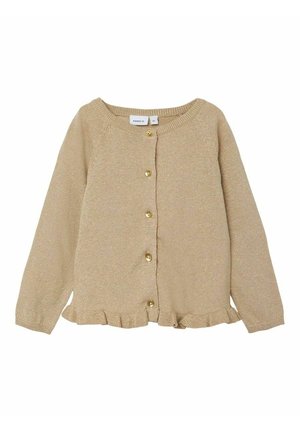Cardigan beige in maglia con maniche lunghe, bottoni dorati sul davanti, scollo rotondo e dettaglio arricciato sull'orlo.