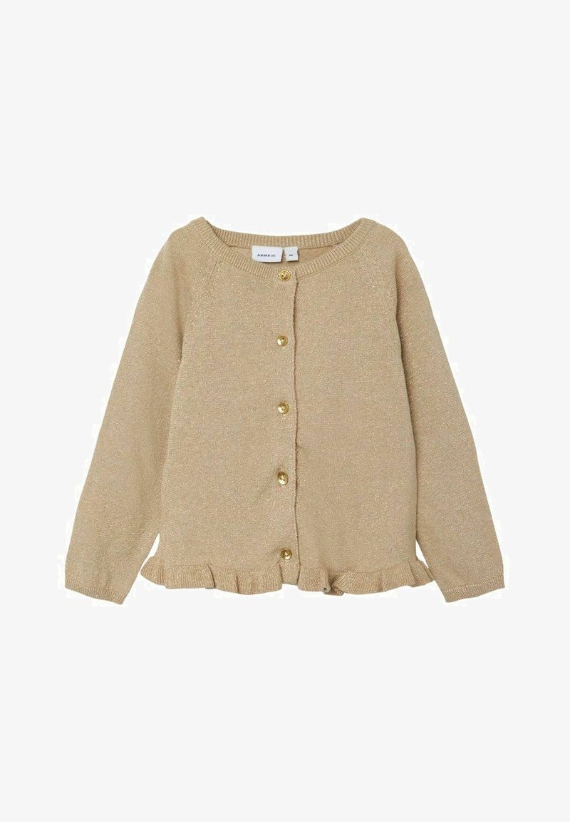 Cardigan en tricot beige avec manches longues, boutons dorés sur le devant, col rond et détail à volants à l'ourlet.
