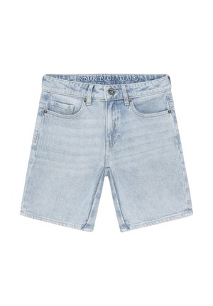 Jasnoniebieskie szorty dżinsowe z klasycznym pięciokieszeniowym fasonem, prostym krojem oraz zapięciem na guzik i paskiem z logo.