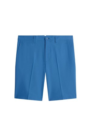 Siniset polvipituiset shortsit, joissa on vyölenkit, nappikiinnitys, etutaskut ja oikealla puolella hienovarainen ommeltu logo.