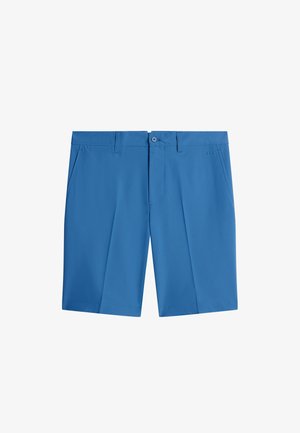 Siniset polvipituiset shortsit, joissa on vyölenkit, nappikiinnitys, etutaskut ja oikealla puolella hienovarainen ommeltu logo.