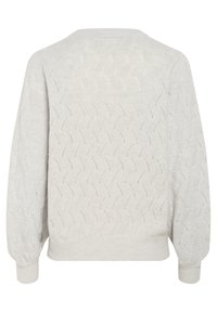 Pull en tricot gris clair avec un motif texturé, des poignets et un ourlet côtelés, et une silhouette décontractée avec un col arrondi.