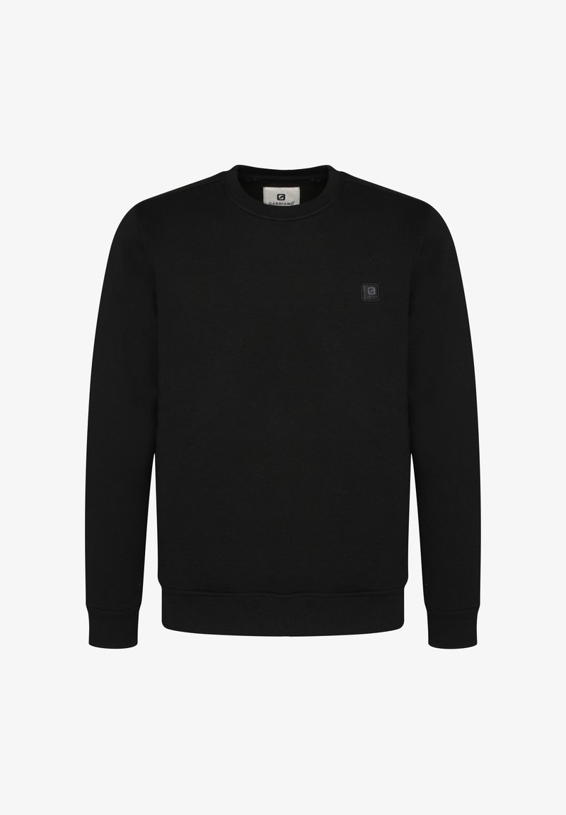 Sudadera negra de cuello redondo hecha de tela texturizada. Presenta puños y dobladillo acanalados, con un pequeño parche de marca en el pecho.