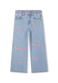 Jeans a gamba larga di denim blu chiaro con ricamo rosa che include le parole "Sogna", "Ama" e "Girl Power". Progettati con tasche laterali.