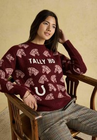 Frau sitzt auf einem Holzhocker, trägt einen bordeauxroten Pullover mit Pferdeköpfen, Aufschrift "TALLY HO", Hufeisenmuster und karierte Hosen.