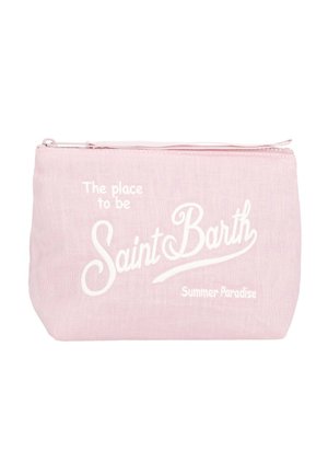 Lichtroze etui met ritssluiting en witte tekst "The place to be Saint Barth Summer Paradise" op de voorkant.