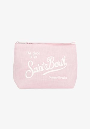 Petite pochette rose clair zippée avec texte blanc « The place to be Saint Barth Summer Paradise » sur le devant.