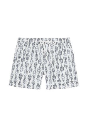 Bañador blanco con patrones geométricos de diamantes negros y una cintura con cordón blanca.