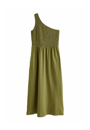 Olive green one-shoulder dress with smocked bodice and gathered skirt falling below the knee.