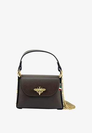 Dark brown leather handbag with a gold bee emblem on the flap, a short handle, and a gold chain strap with an Italian flag tag.