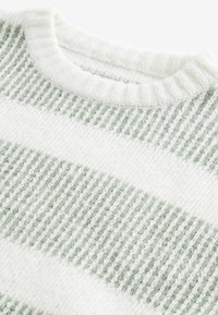 White and mint green striped sweater with a ribbed crew neck. Soft, textured fabric with alternating wide and narrow stripes.
