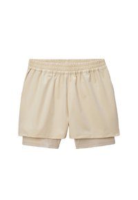 Shorts beiges avec une taille élastique, fabriqués en tissu lisse. Ils disposent d'une doublure intérieure et de deux poches latérales pour plus de confort.