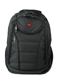 Sac à dos en tissu noir avec une surface texturée, plusieurs compartiments zippés, un dos rembourré et un logo rouge à l'avant.