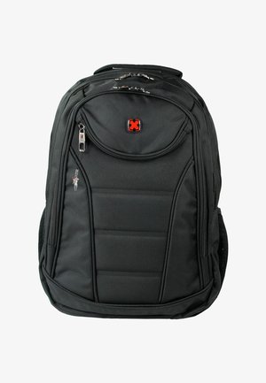 Black fabric backpack with a textured surface, multiple zippered compartments, padded back, and logo in red on the front.