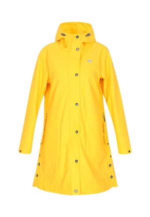 Kollane veekindel vihmamantel kapuutsiga, nööbid, kaks küljetaskut ja logo rinnal. Sile tekstuur ja põlvepikkune disain.