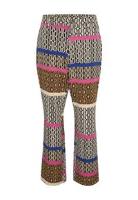 Přiléhavé kalhoty s geometrickým vzorem v béžové, černé, hnědé a modré barvě, s živými růžovými pruhy podél boků a lemování.