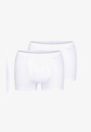 Twee paar effen witte katoenen herenzwemslips met een gladde tailleband en minimale stiksels.