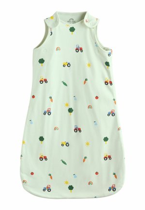 Light green baby sleep sack with snap shoulders, decorated with tractors, trees, carrots, suns, rainbows, tomatoes, peas, and pears.