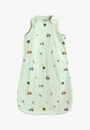 Hellgrüner Baby-Schlafsack mit Druckknöpfen an den Schultern, verziert mit Traktoren, Bäumen, Karotten, Sonnen, Regenbögen, Tomaten, Erbsen und Birnen.