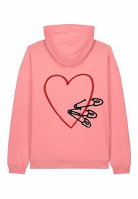 Felpa con cappuccio rosa caratterizzata da un design a cuore ricamato rosso e tre spilloni neri. Tessuto morbido con polsini e orlo a costine.