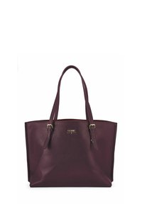 Bordowa torba typu tote z eko skóry z podwójnymi paskami na ramię, zewnętrzną blaszką z logo i usztywnionym kształtem. Teksturowana powierzchnia z akcentami w kolorze złotym.